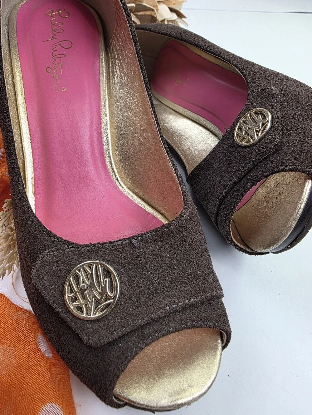 Lilly Pulitzer Brown Suede Peep-Toe Wedges Sz 6